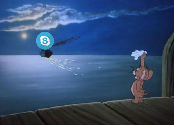 Мишонок Джері махає хустинкою відпливаючому кораблю зі значком Skype